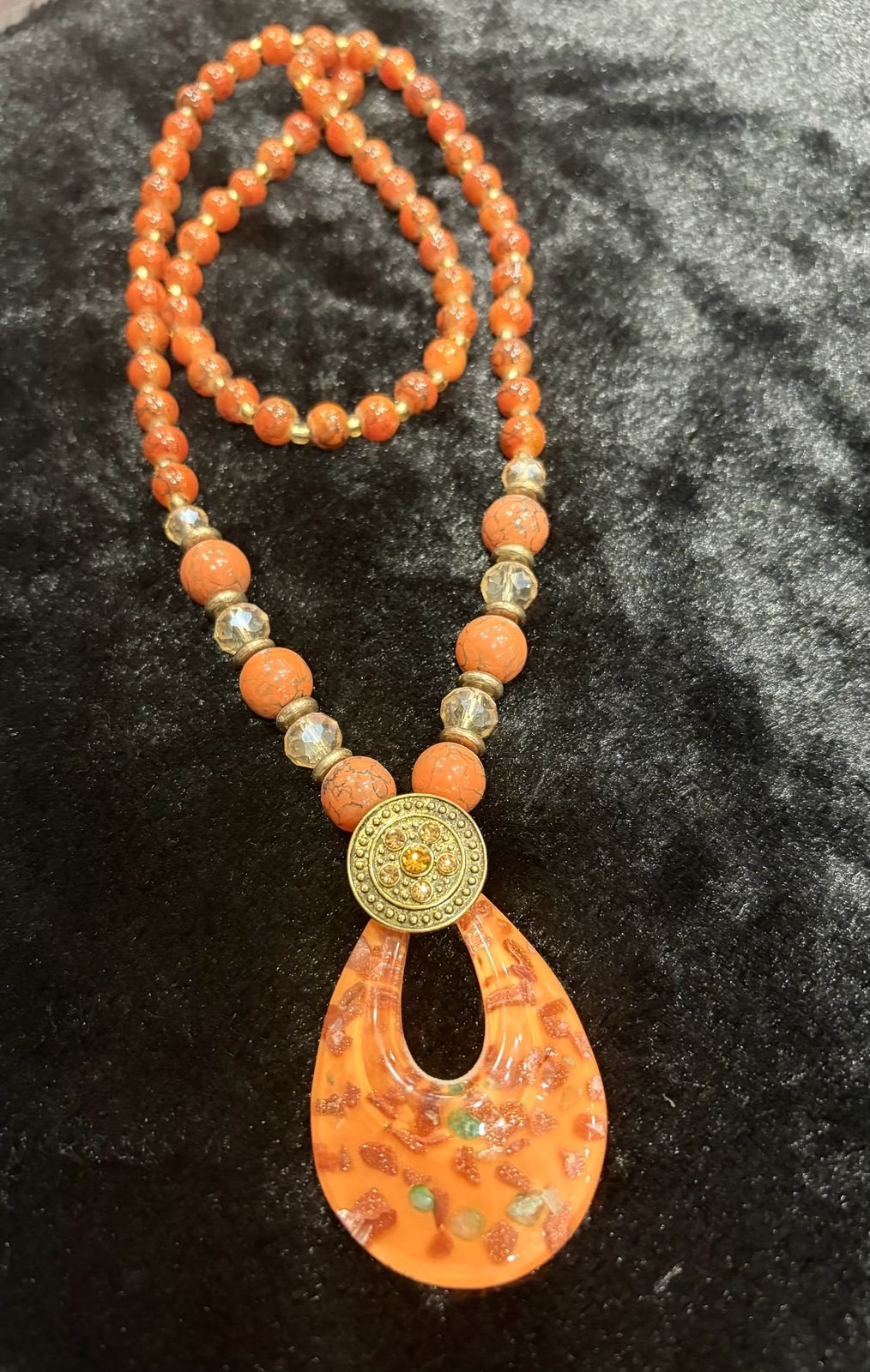 Boho Orange Beaded orange Resin Pendant Necklace
