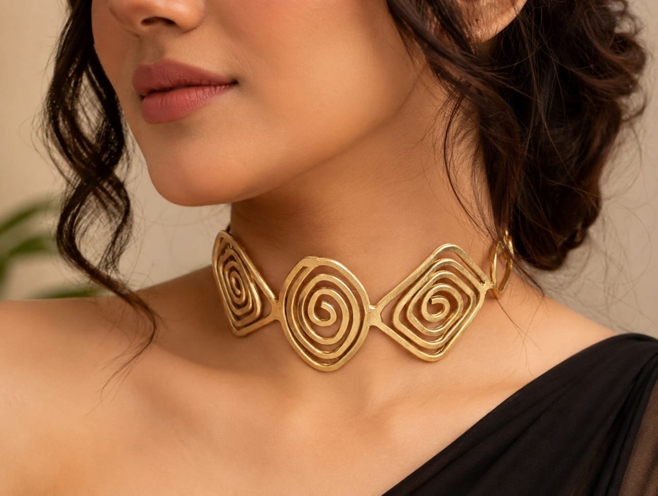 Antique Gold Spiral Statement Choker | Designer Geometric Necklace